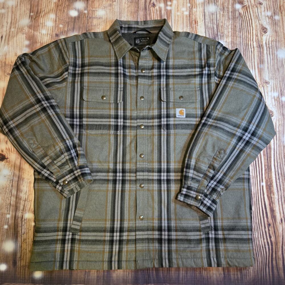 Carhartt Sherpa Lined Flannel Shirt Jacket Mens 2XL Green Plaid Heavyweight
